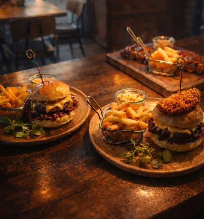 Burgerhouse Essen mit 2 klassischen Burgern und dahinter Spareribs mit Housefries